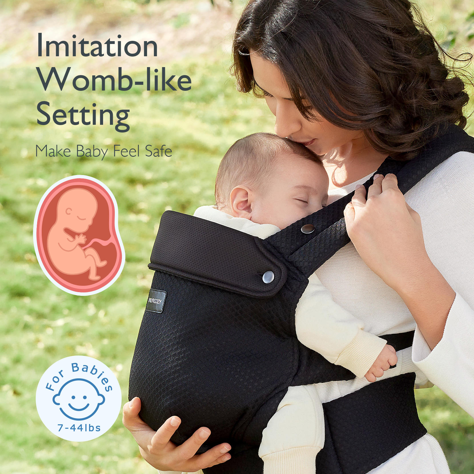 Momcozy PureHug baby carrier in black. Mother babywearing, womb-like setting, comfortable for 7-44lbs babies.