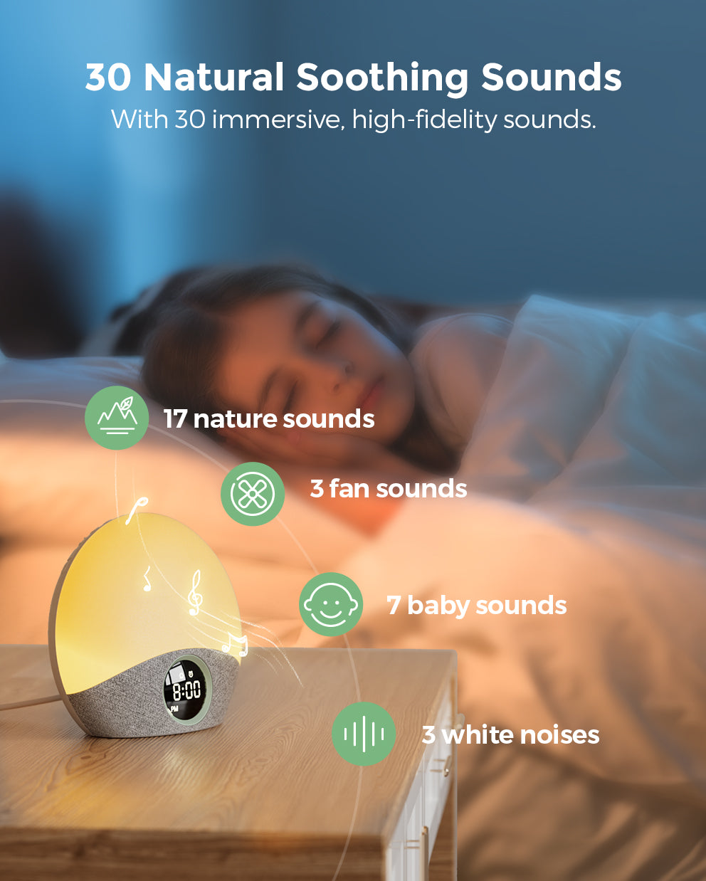 Momcozy Wake-up Light with 30 natural soothing sounds, child sleeping, features nature, fan, baby sounds & white noise.