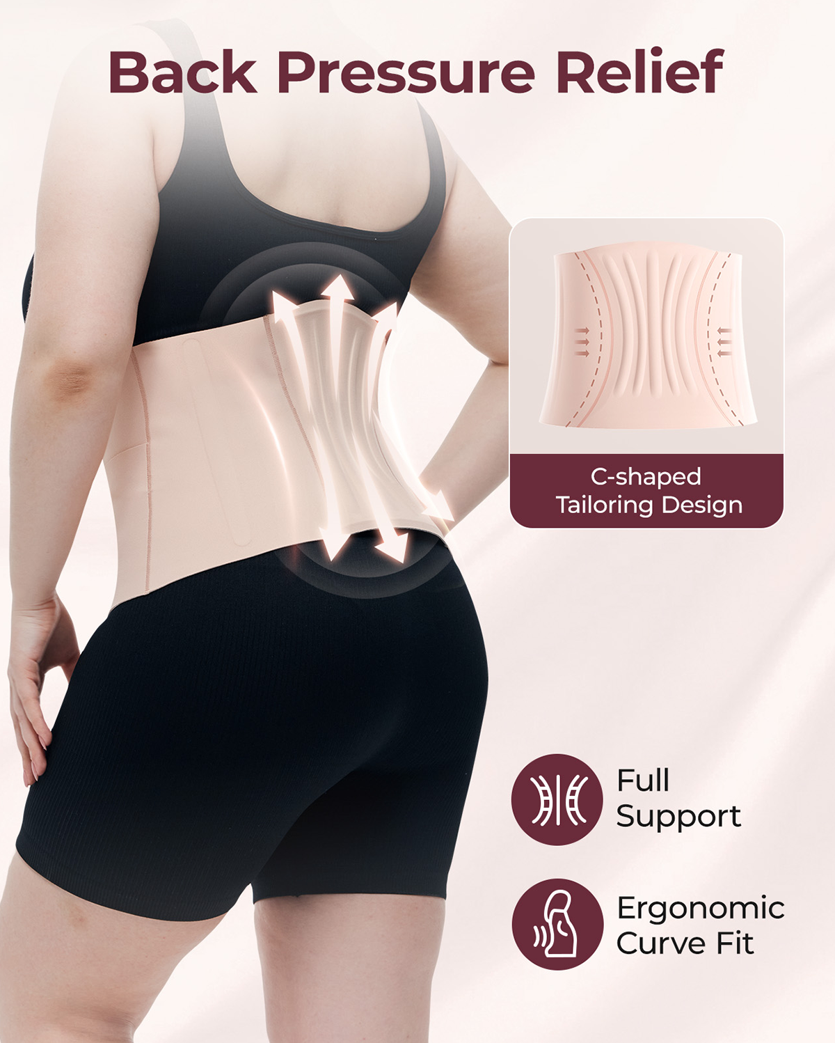 Momcozy Ergowrap postpartum belly band: oyster pink, back support, C-shaped design for postpartum recovery.