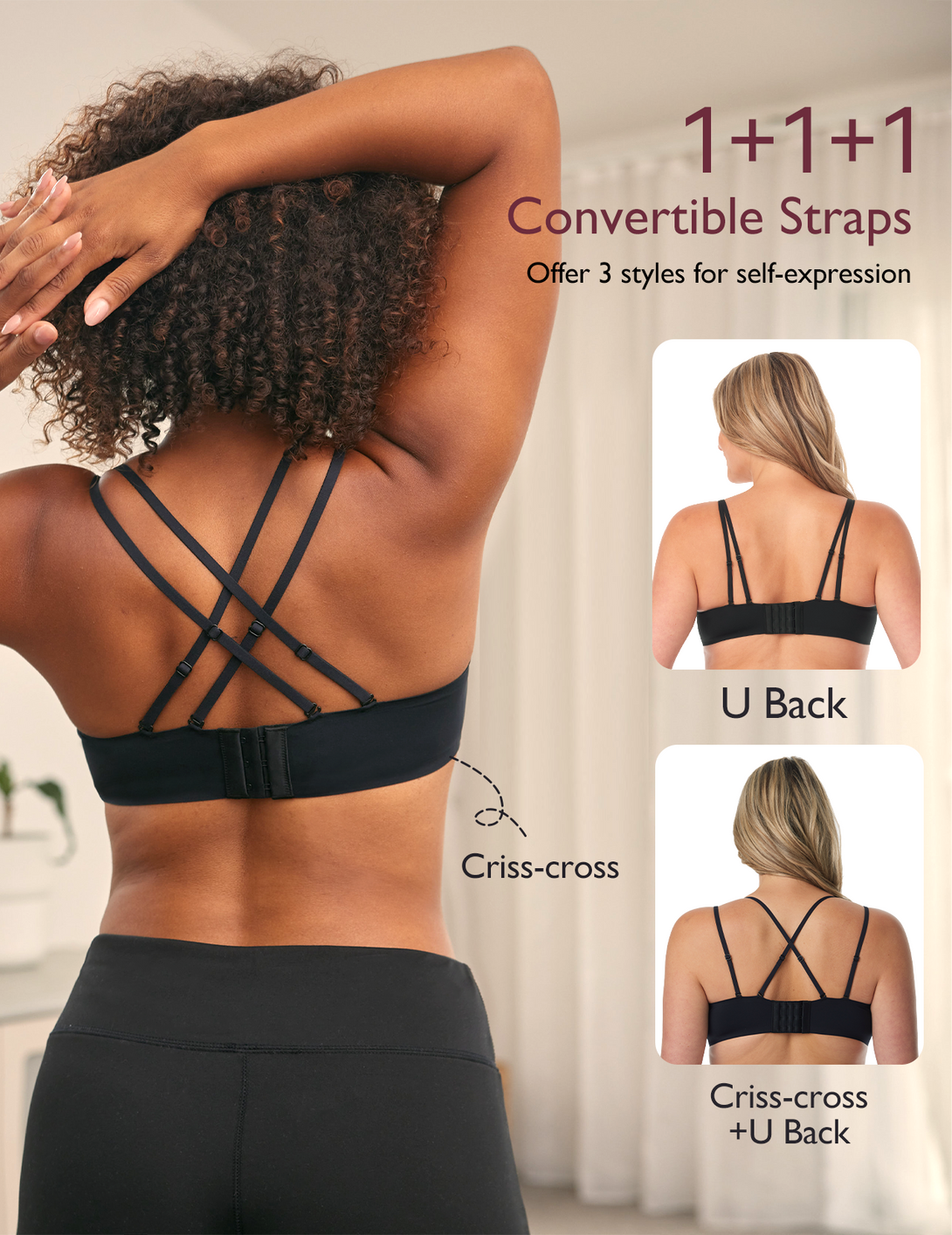 Woman demonstrating the back view of a black 3-in-1 FlexiStyle Convertible Everyday Bra by Momcozy. The bra offers three styles: U Back, Criss-cross, and Criss-cross + U Back, designed for self-expression and versatility.