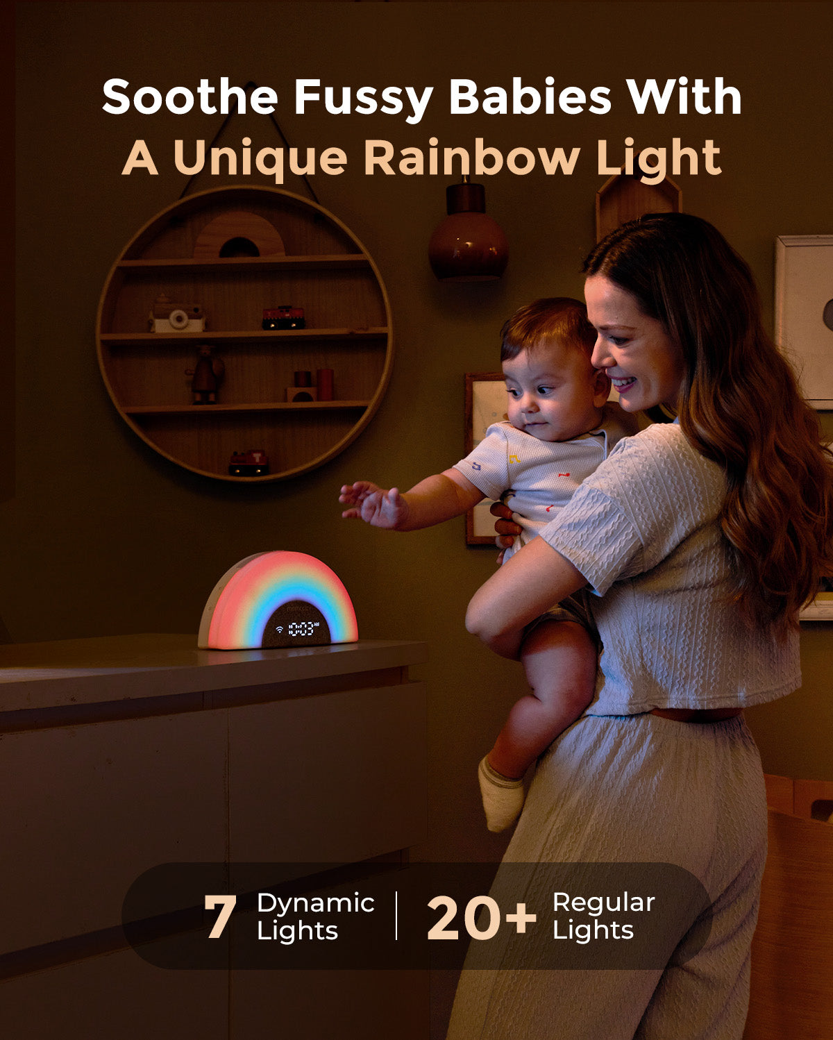Momcozy DreamSync Smart Baby Sound Machine with rainbow light, soothing fussy babies with dynamic and regular lights.