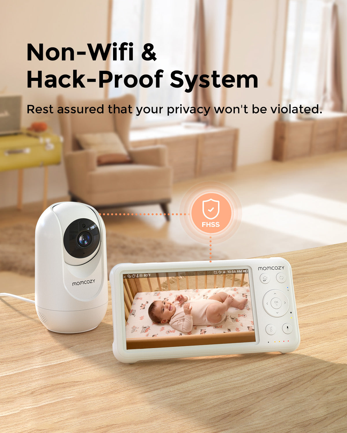 Momcozy 1080P Video Baby Monitor showing clear image of baby in crib with non-wifi, hack-proof FHSS system, ensuring privacy.