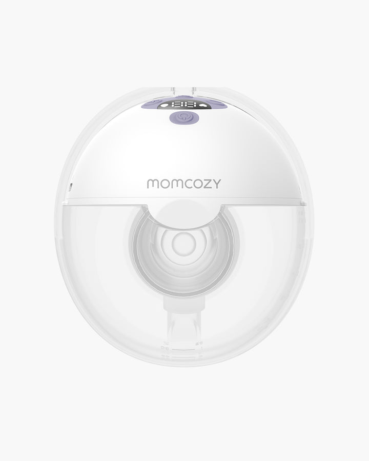 Front view of Momcozy M5 wearable breast pump showing the brand name and internal mechanism