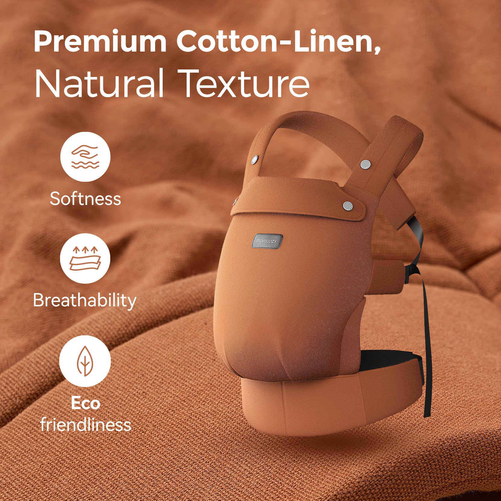 Momcozy GentleTouch baby carrier in brown, cotton-linen, natural texture, softness, breathability, and eco-friendly design.