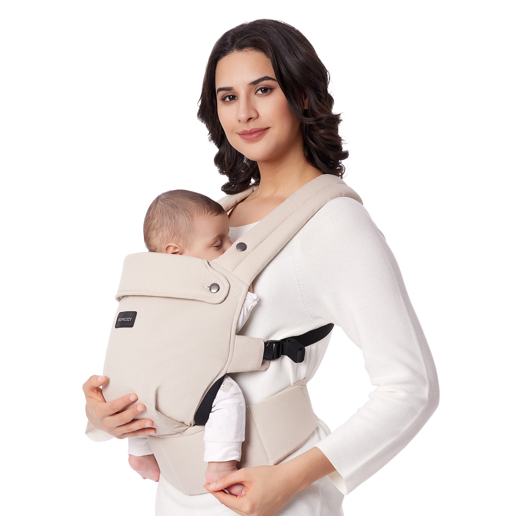 Momcozy PureHug baby carrier in beige with mother and baby. Comfortable and supportive design for babywearing.