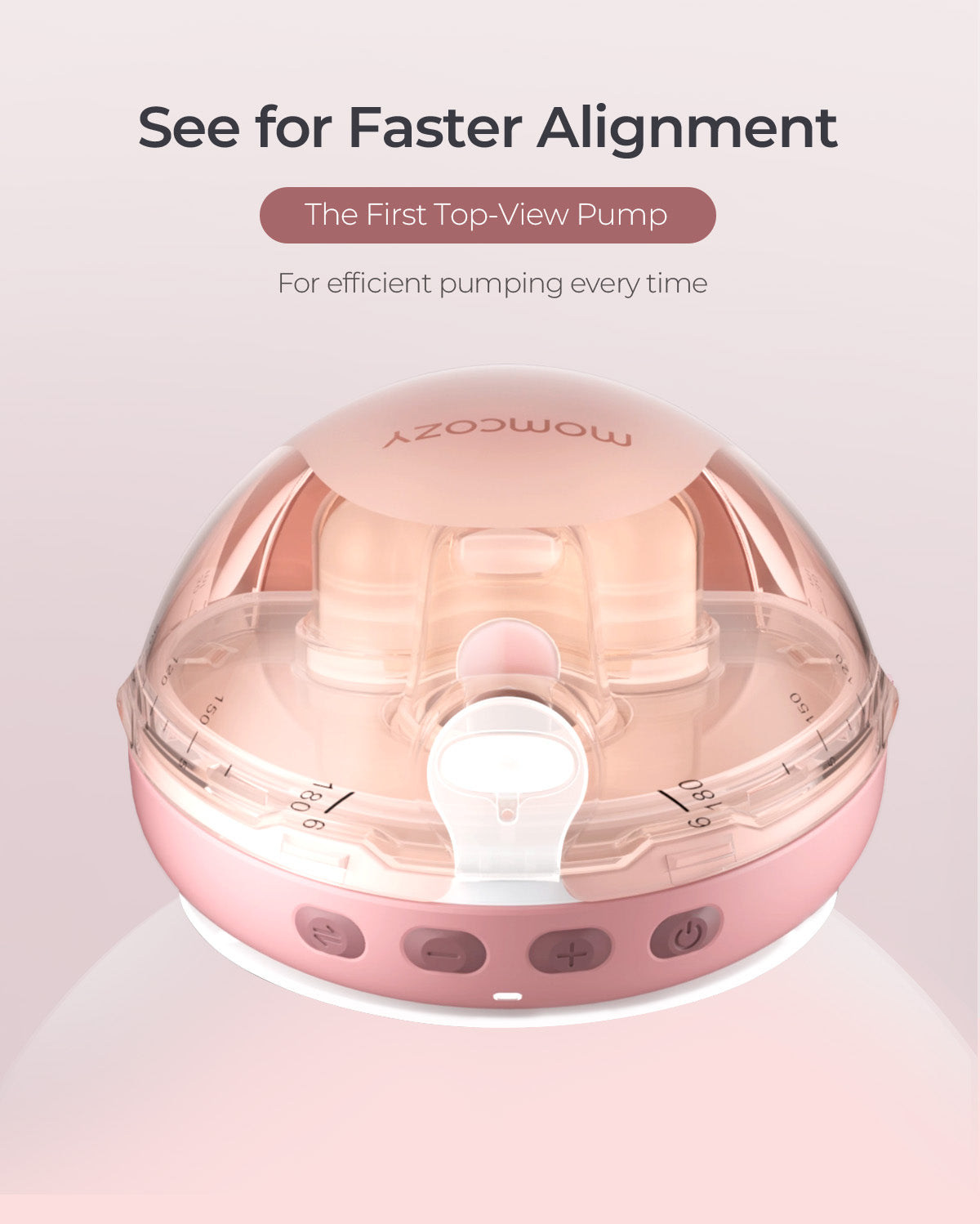 Momcozy Air 1 soft pink breast pump top-view design for easy alignment, measurement markings on clear lid.