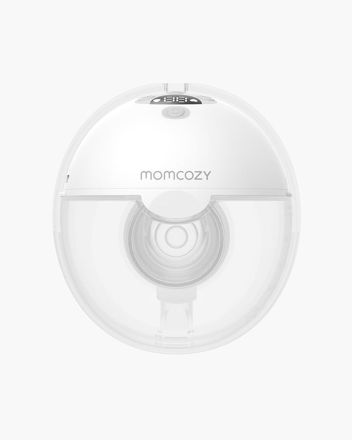 Momcozy M5 wearable breast pump front view displaying brand name and control buttons