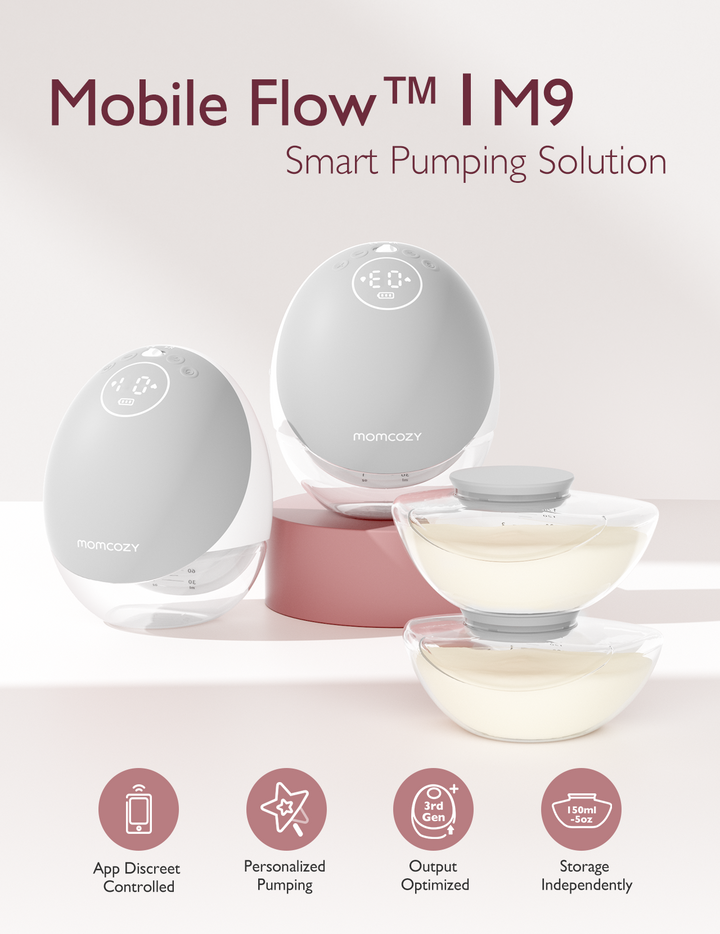 Momcozy Mobile Flow™ M9 breast pump with app control, featuring smart pumping solution and storage.