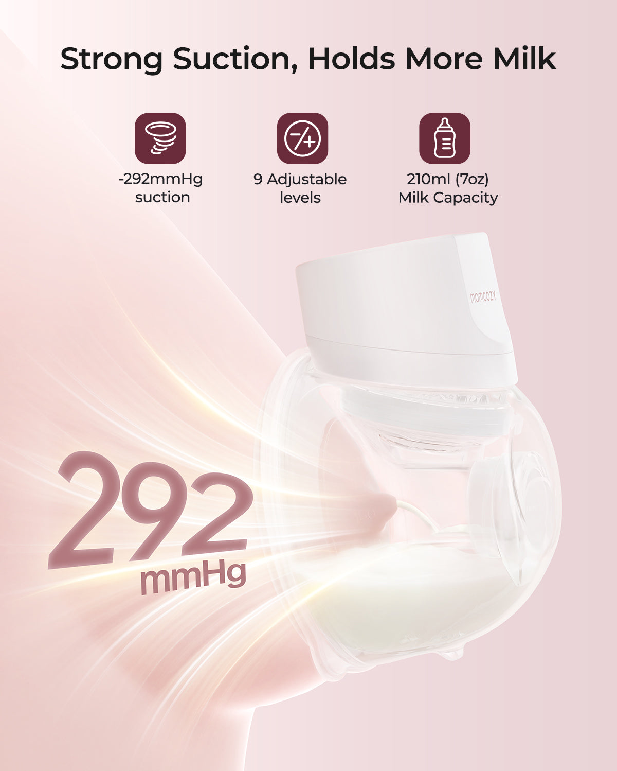 Tire-lait mains libres Momcozy présenté dans un univers produit soigné et lumineux