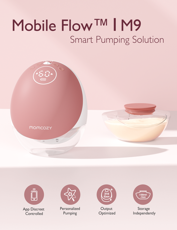 Momcozy Mobile Flow™ M9 hands-free breast pump comes in pink and features an app-controlled interface for smart pumping.