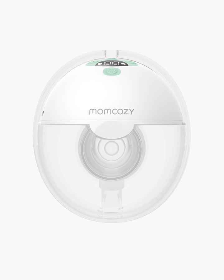 Momcozy M5 wearable breast pump with control panel, front view