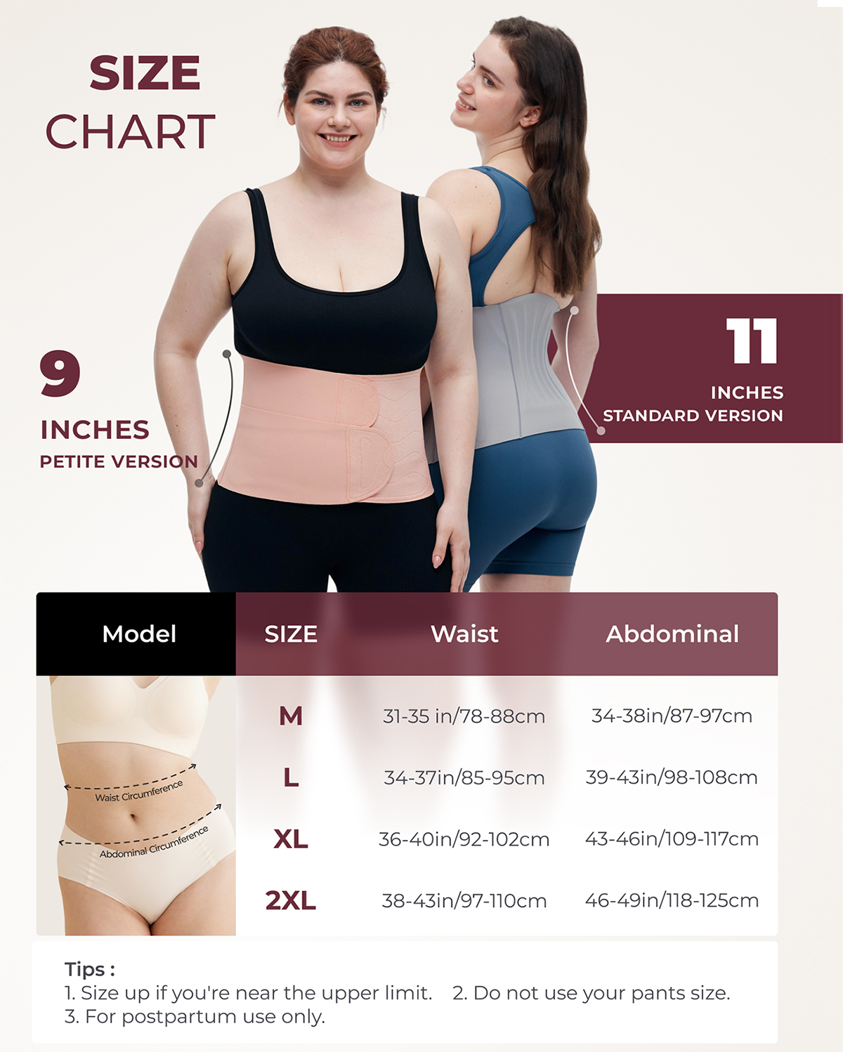 Momcozy Ergowrap Postpartum Belly Band size chart: measurements for Petite & Standard postpartum support bands.