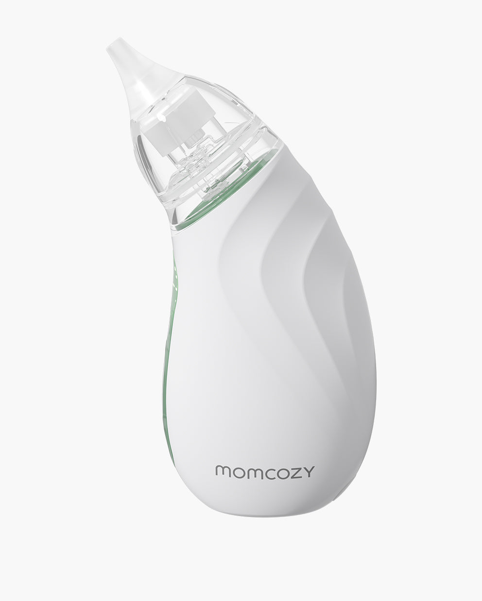 Momcozy Baby Nasal Aspirator, white design with clear nozzle for gentle congestion relief and long battery life.