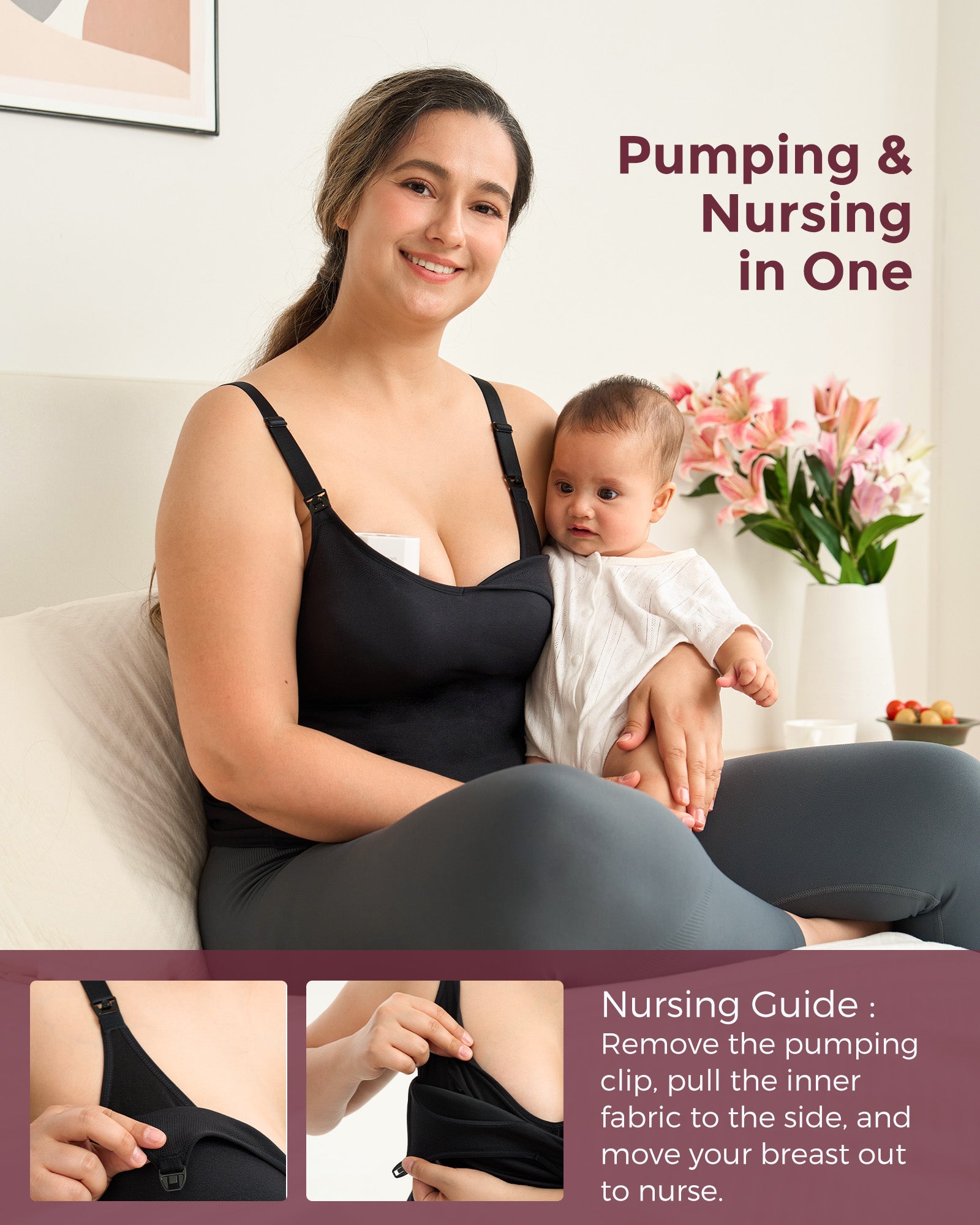 Model using black hands-free pumping & nursing tank with baby, highlighting comfort and convenience.