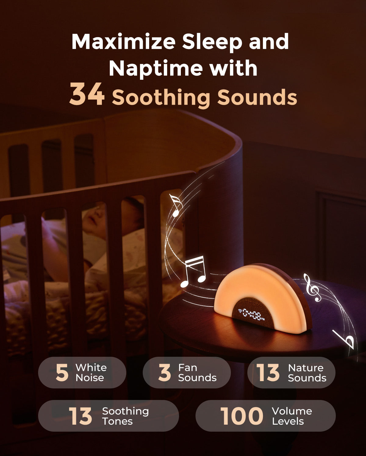  DreamSync™ Machine à sons portable Momcozy pour bébé – Bruit blanc, berceuses & lumière arc-en-ciel avec contrôle App