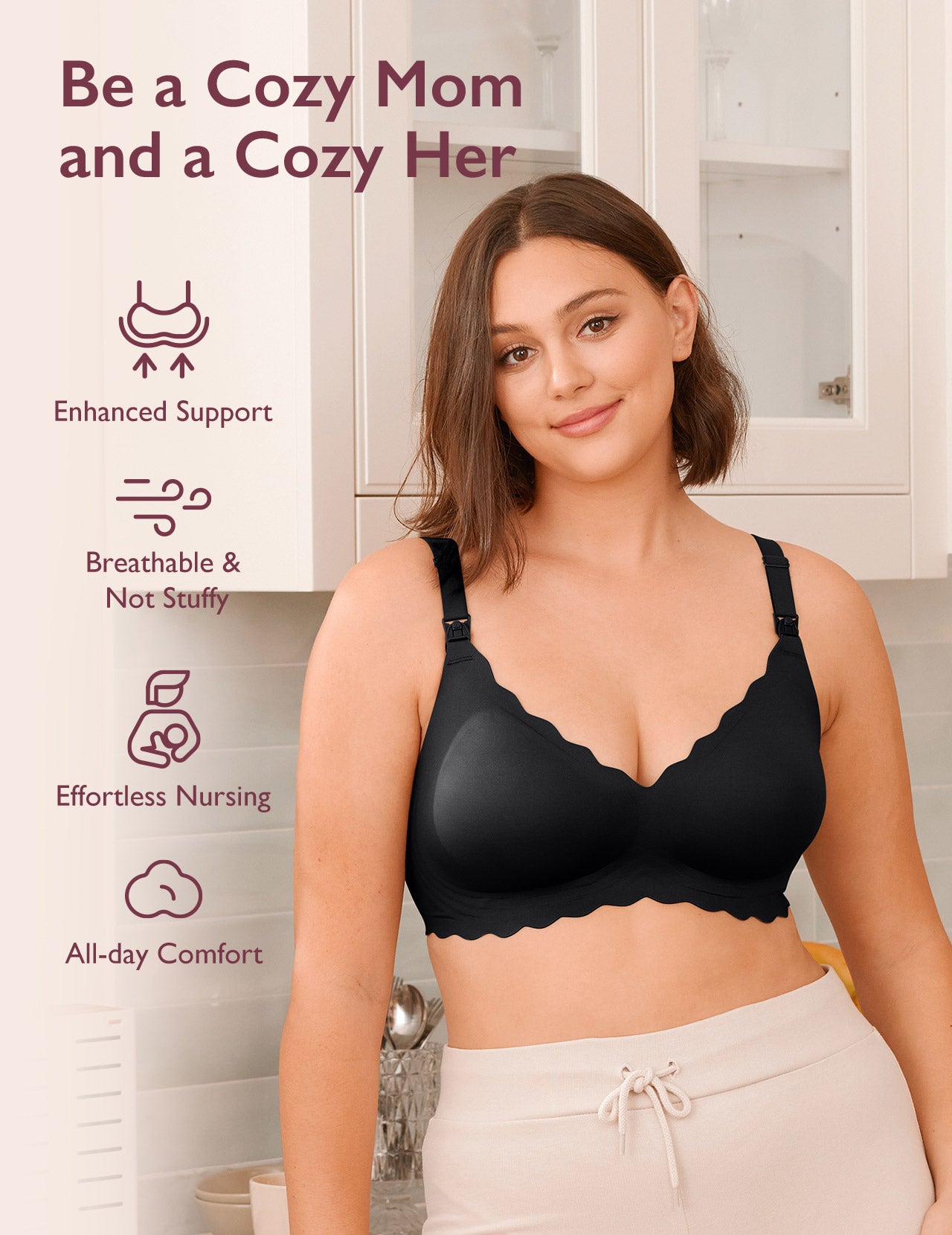 Seamless black Jelly Strip Nursing Bra YN46 with scalloped edges for M9 Pump comfort, support, and easy nursing.