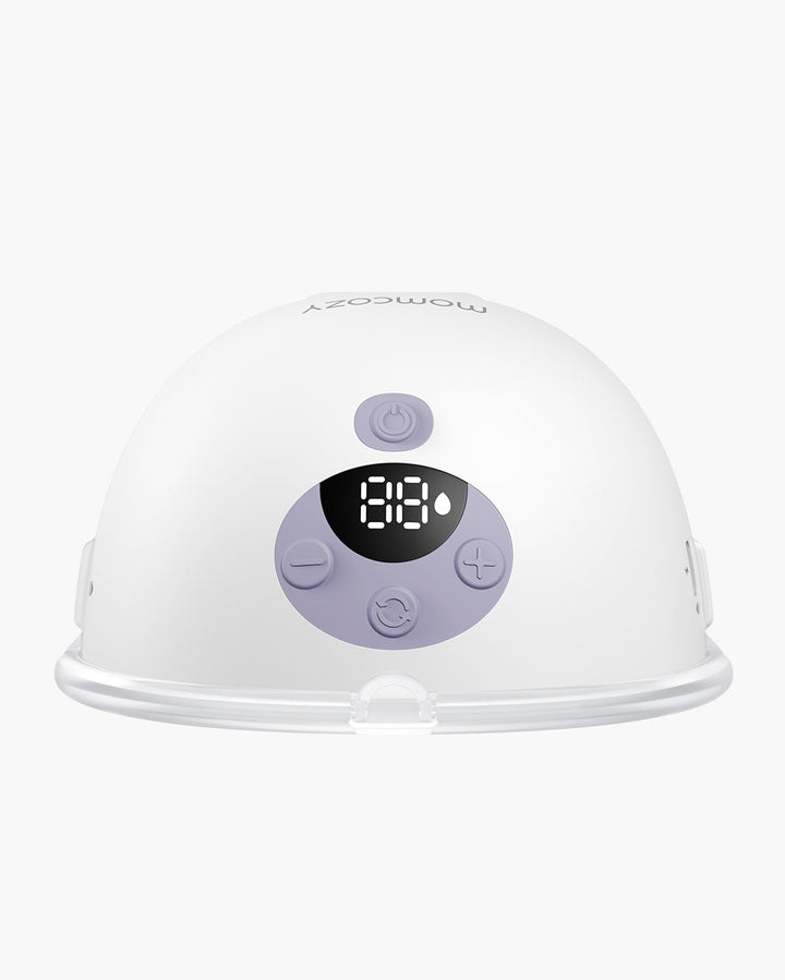 Close-up front view of the All-in-one M5 Wearable Breast Pump with digital display and control buttons, showcasing the product's design and features.