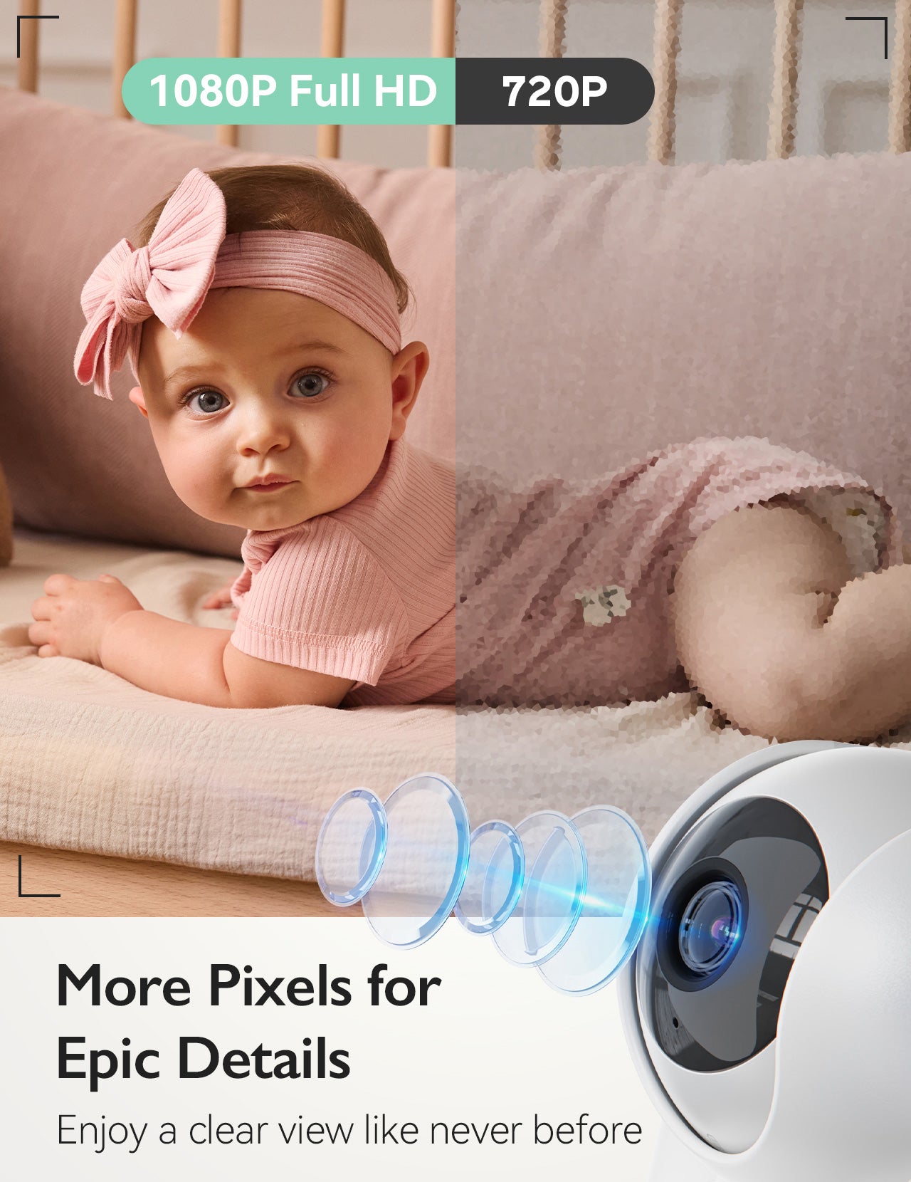 Momcozy BM03 baby monitor with 1080P Full HD display, showcasing detailed baby monitoring and peace of mind.