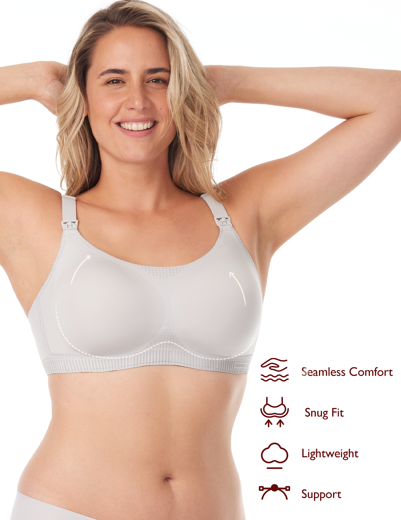 Model demonstrating the lightweight U Liquid Spandex Nursing Bra, emphasizing seamless comfort.