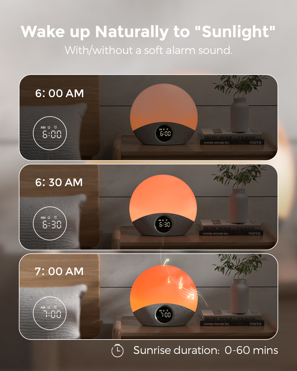 Momcozy Wake-up Light with sunrise simulation. Smart alarm clock with natural, gentle orange light for sleep-wake cycles.