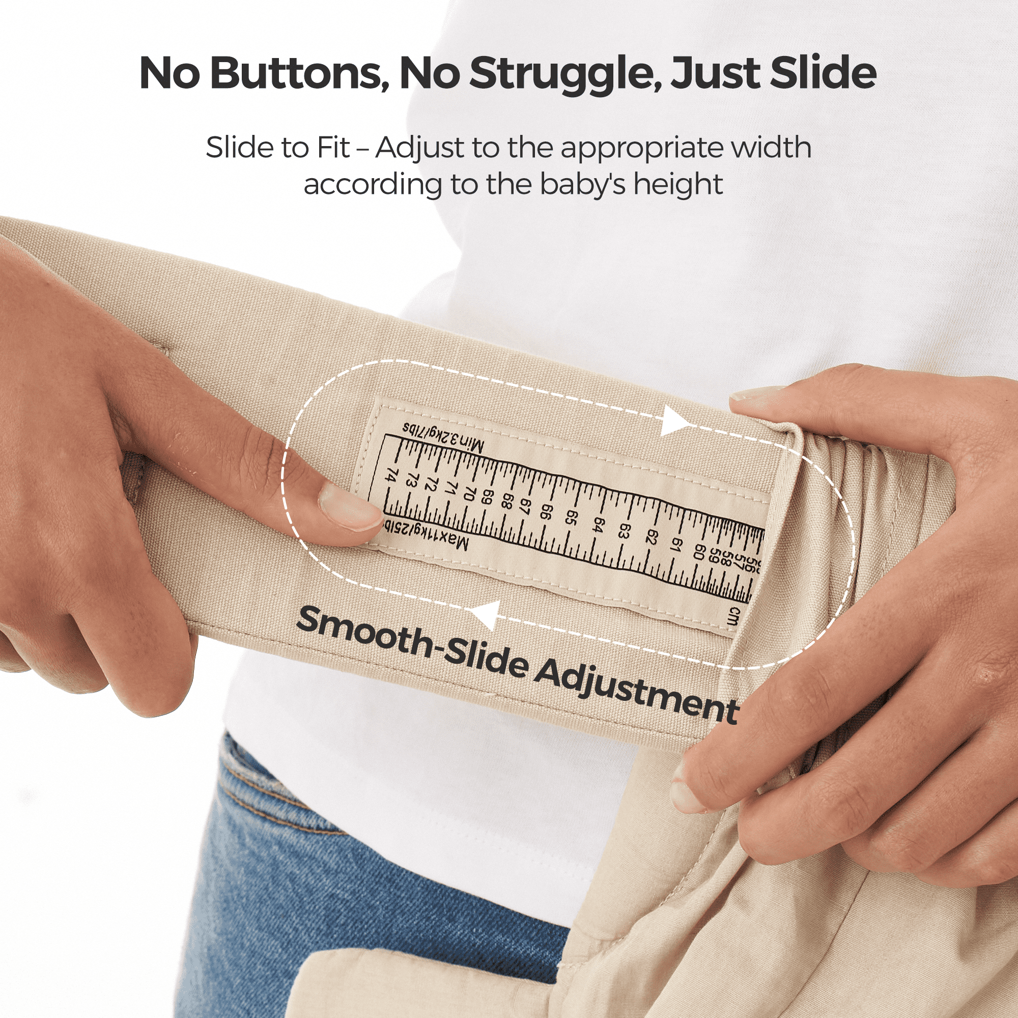 Momcozy WeeSnug Newborn Carrier smooth-slide adjustment for baby. Beige carrier with easy width adjustment for comfort.