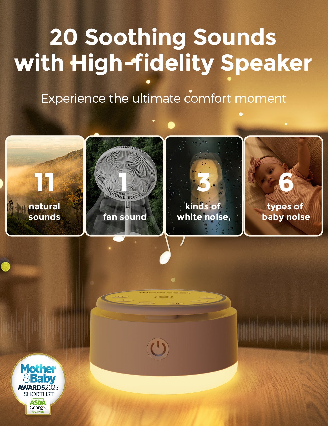 Momcozy baby sound machine with 20 soothing sounds, featuring white noise and natural sounds for baby sleep.