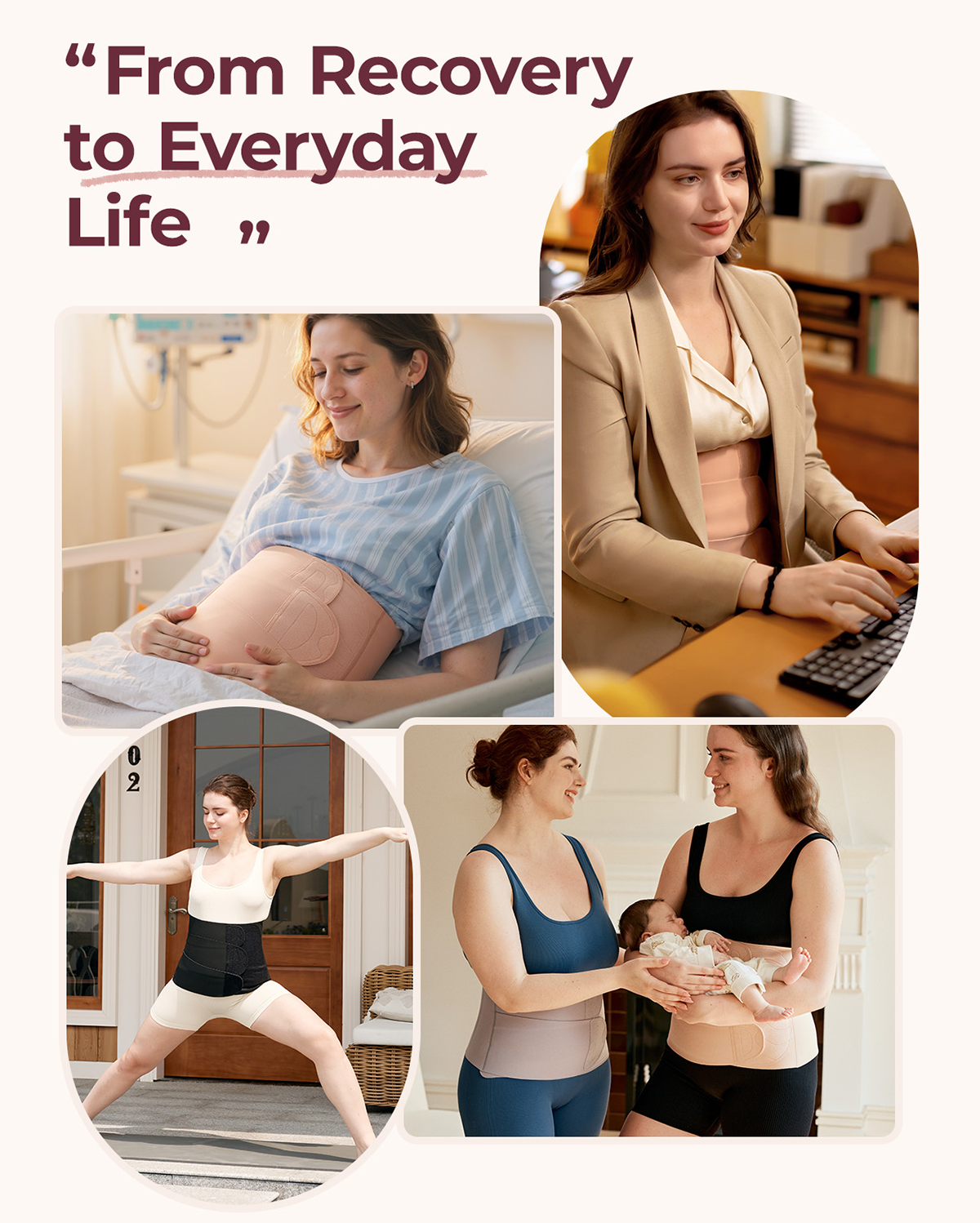 Momcozy Ergowrap Postpartum Belly Band: Supporting recovery to everyday life. Features new moms in diverse settings.