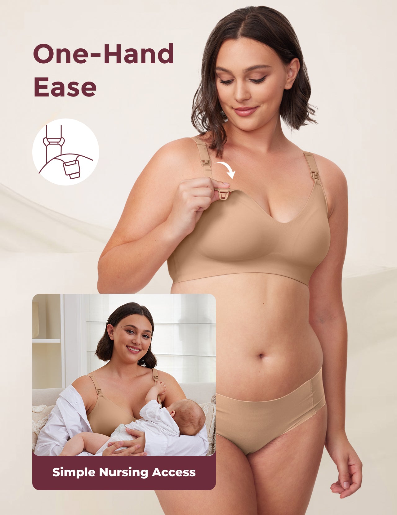 Model in light nude YN21 Seamless Nursing Bra shows one-hand clip for easy nursing; includes breastfeeding mother.