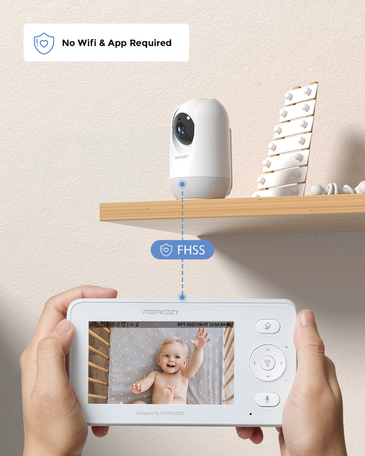 Momcozy 4.3-inch HD Video Baby Monitor BM02 showcasing live video feed of a baby in a crib. The camera unit is placed on a wooden shelf. Text on the image indicates 'No Wifi & App Required' and 'FHSS'.