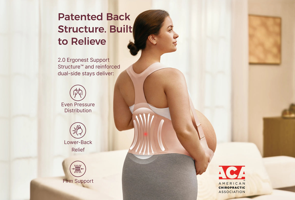 Momcozy Go As You Grow maternity belly band diagram showing three support zones, racerback straps and back support.