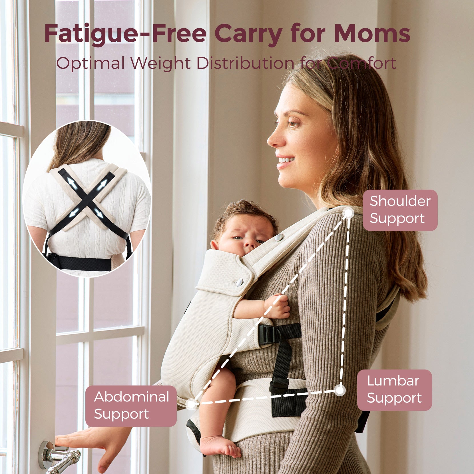 Momcozy baby carrier, beige color, providing fatigue-free carry and optimal weight distribution with key support points for moms.