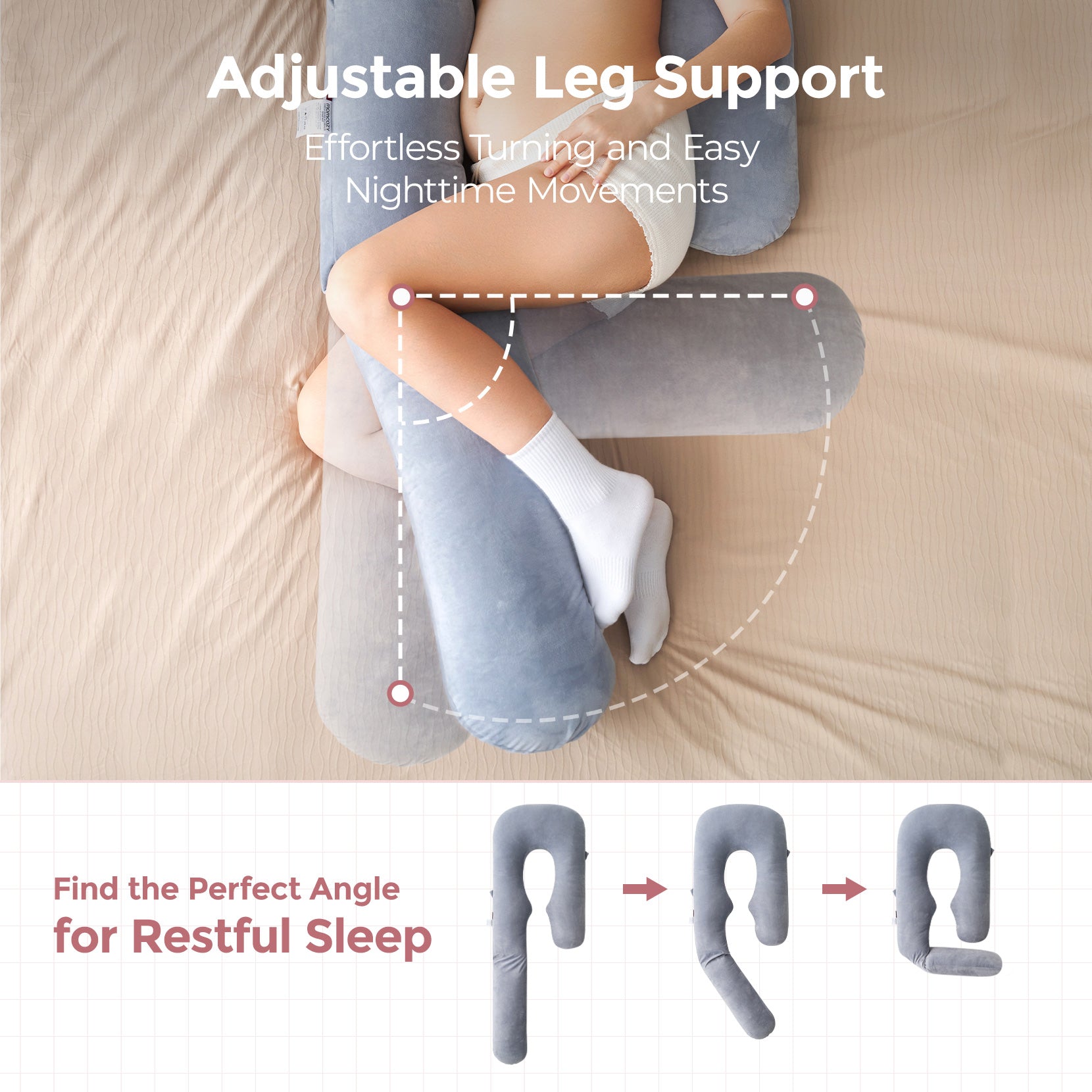 Momcozy Dreamlign pregnancy pillow for comfortable sleep: adjustable leg support, promoting effortless turning.