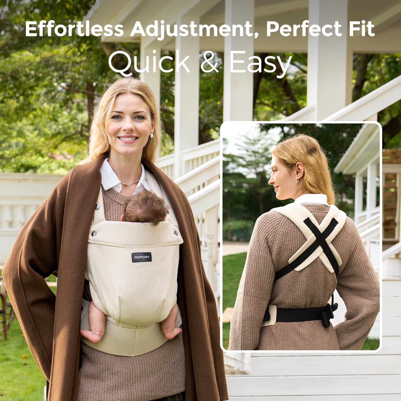 Momcozy GentleTouch Baby Carrier, beige baby carrier, effortless adjustment, perfect fit, quick and easy for baby