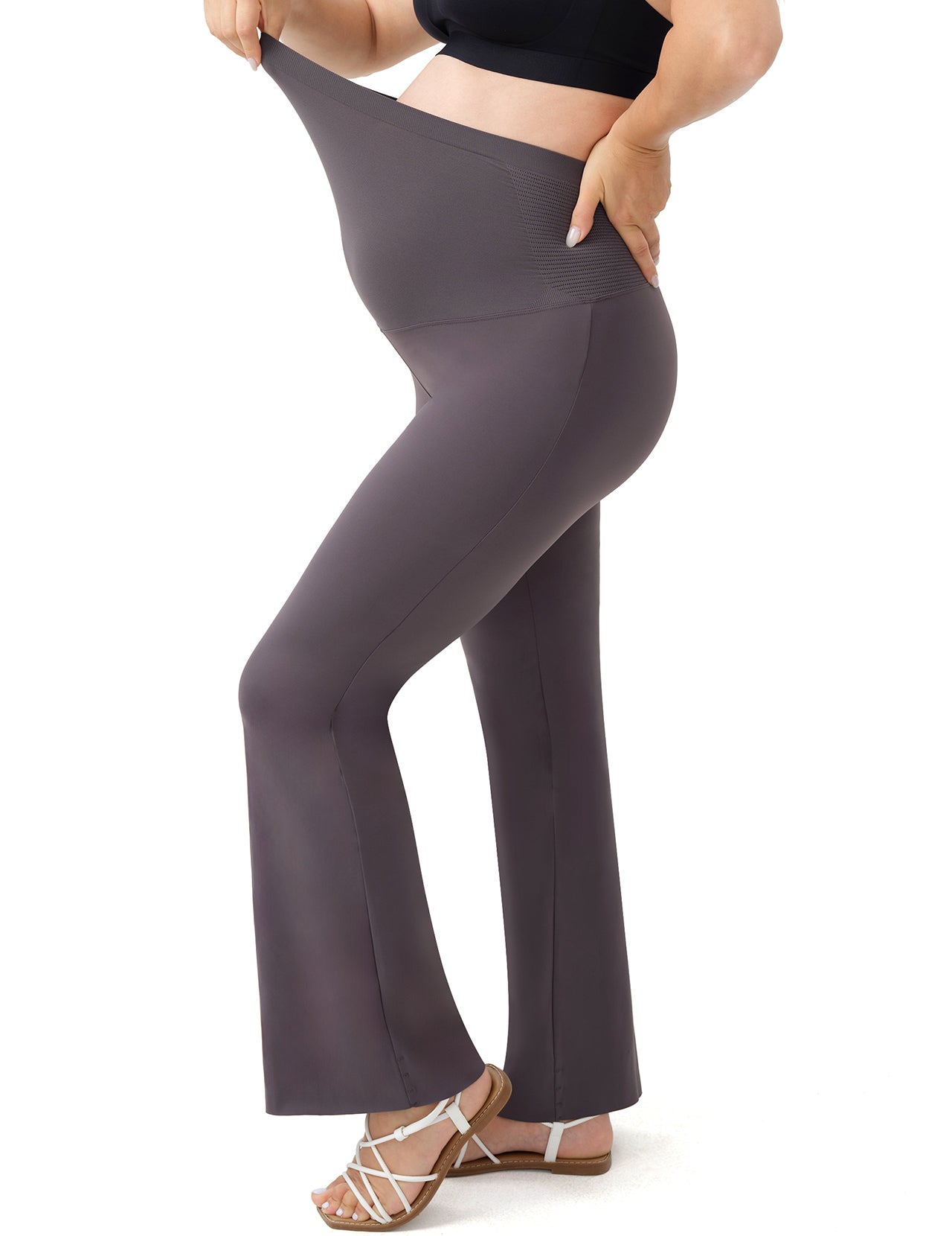 Carbon Grey flared maternity leggings providing comfort and support during pregnancy.