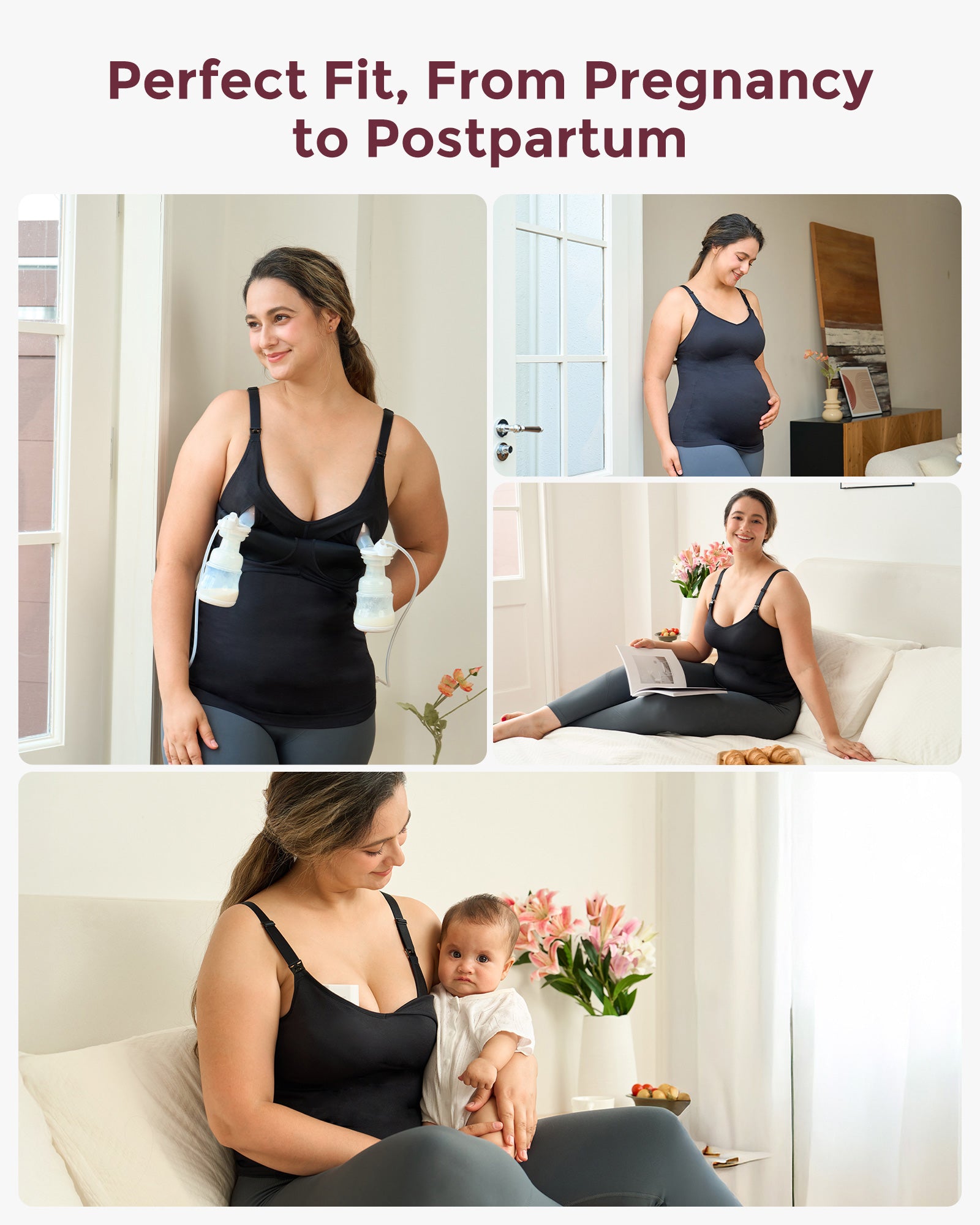 Model in black pumping & nursing tank top showcasing versatility for postpartum and hands-free pumping.