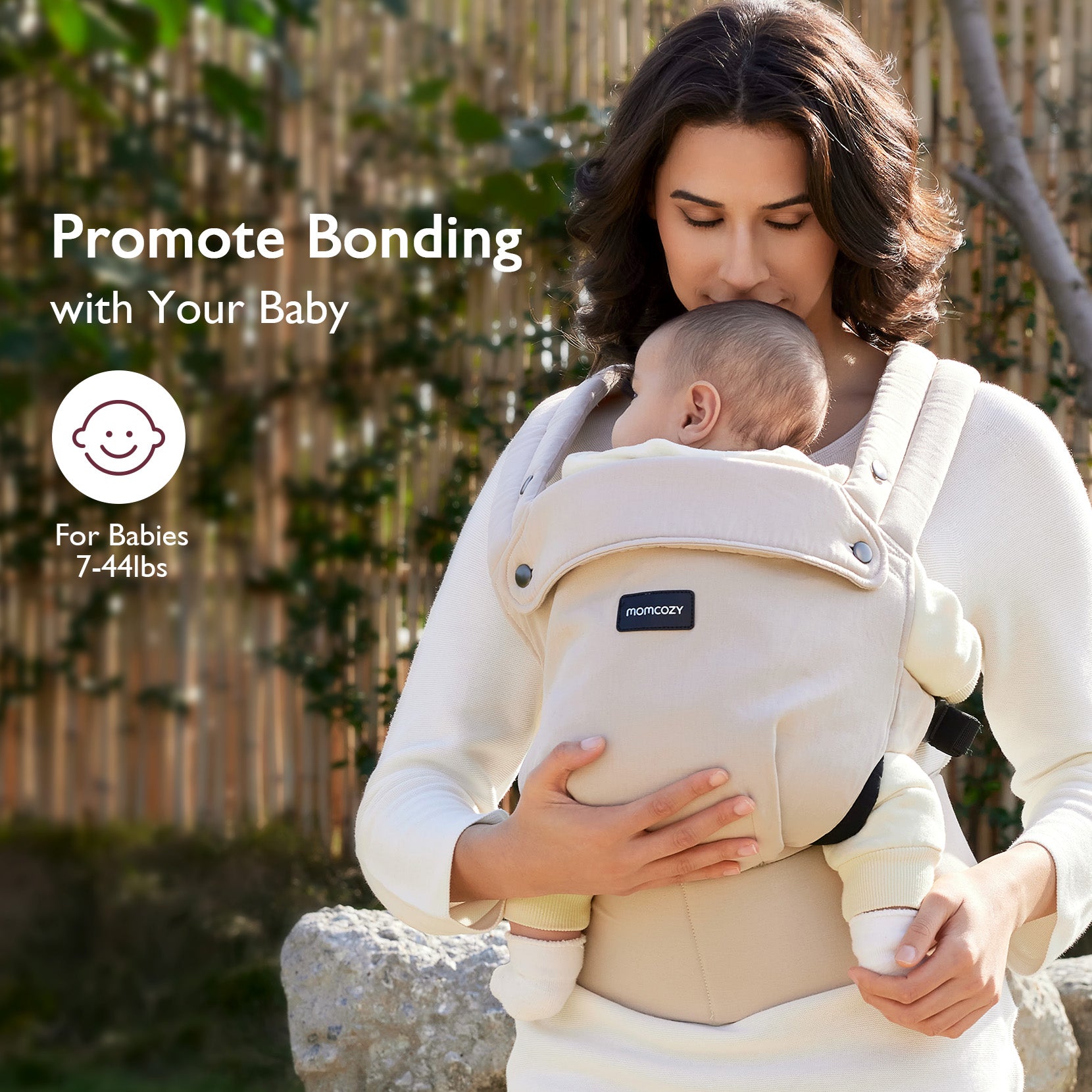 Momcozy PureHug baby carrier, beige, babywearing image. Supports 7-44lbs babies. Promotes bonding, comfortable design.