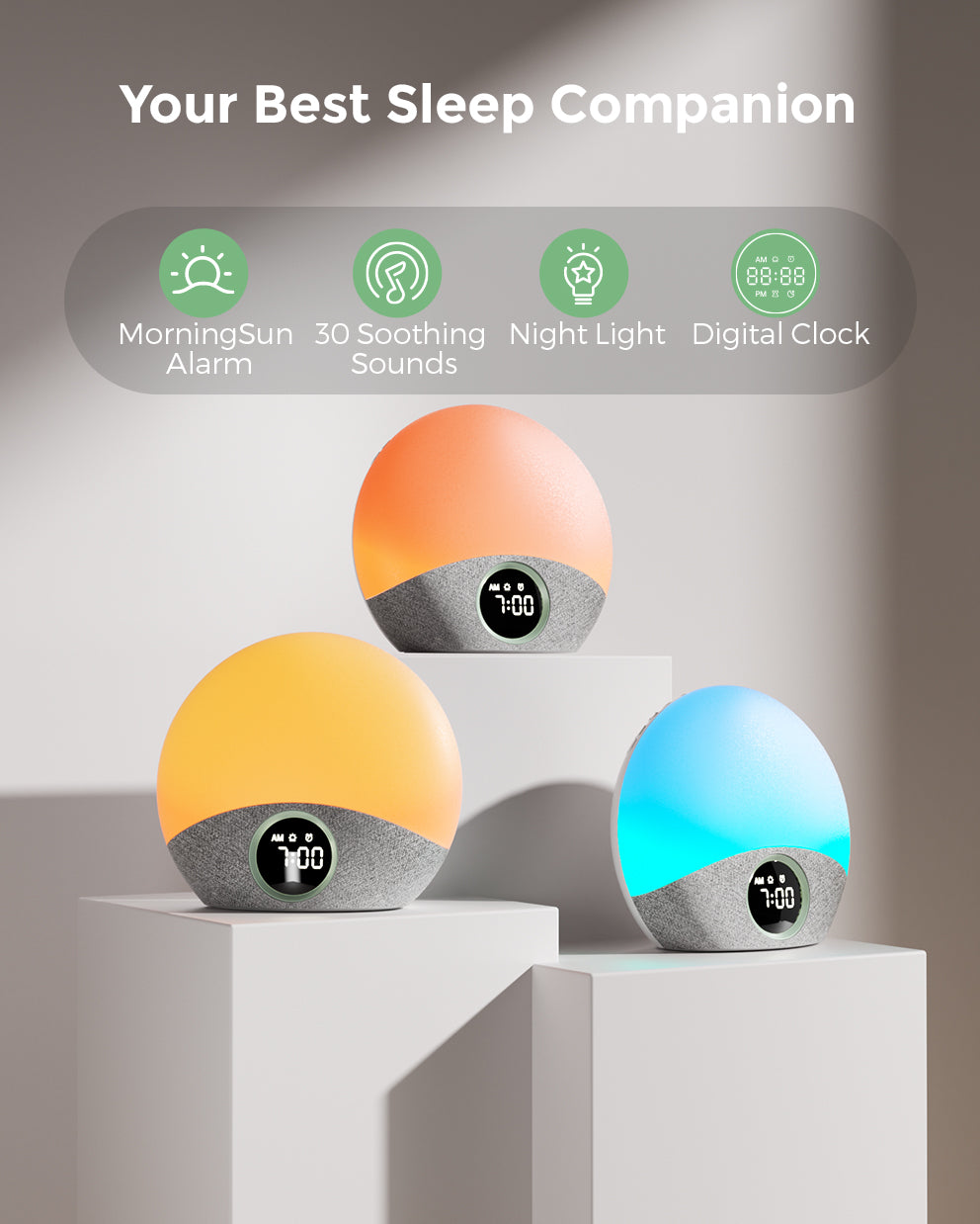 Momcozy Sunrise Wake-up Light, a smart alarm clock with soothing sounds, and a natural wake-up light.