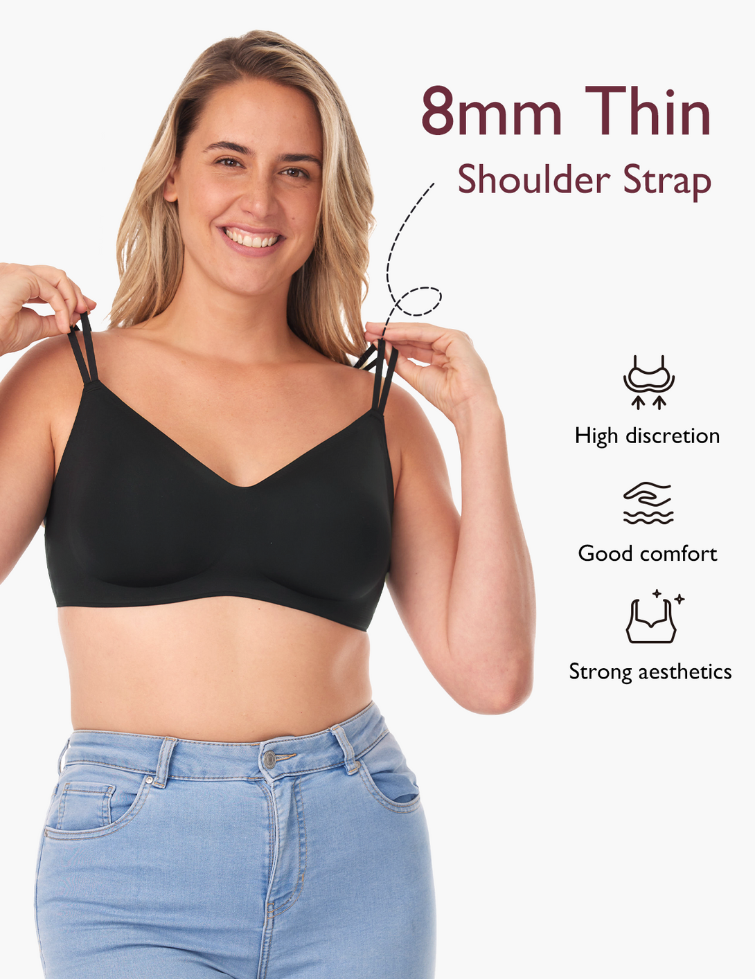 Woman wearing Momcozy 3-in-1 FlexiStyle Convertible Everyday Bra with 8mm thin shoulder strap, high discretion, good comfort, and strong aesthetics.