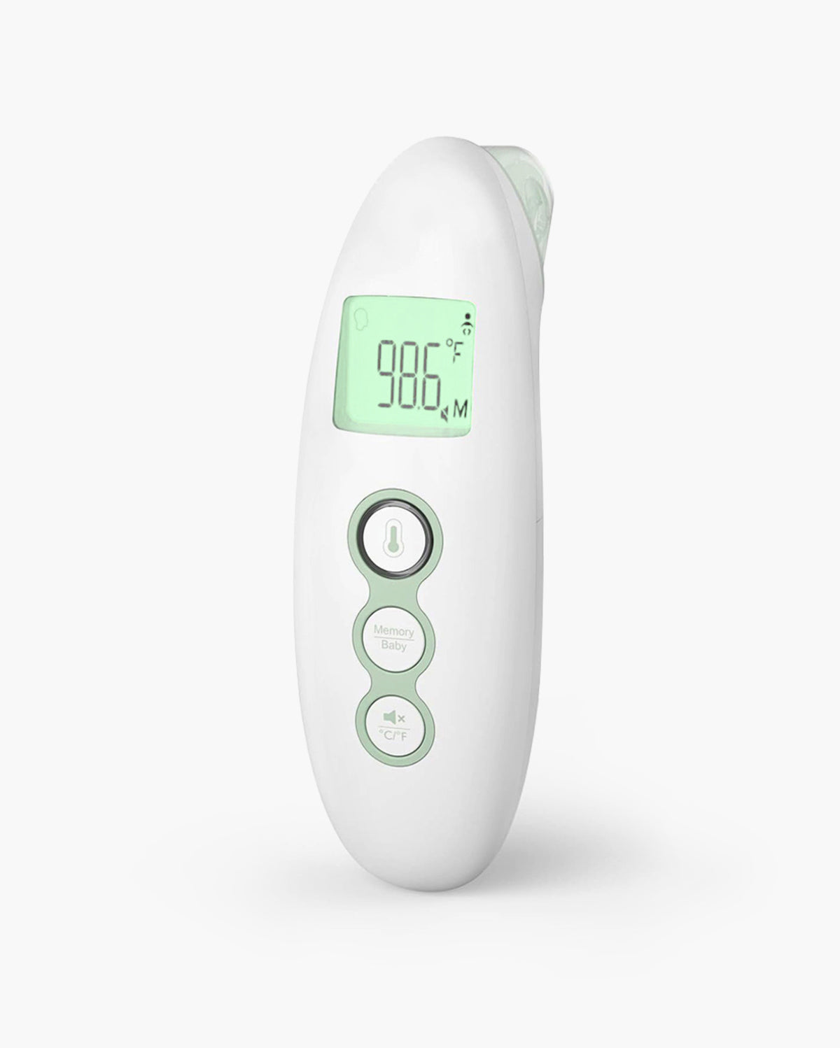 Thermomètre Momcozy frontal et auriculaire présenté seul dans un décor clair