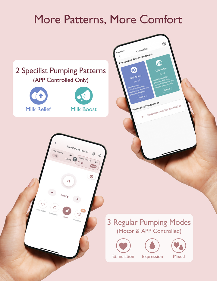 The Momcozy app on a smartphone displays two professional pumping modes and three regular pumping modes.