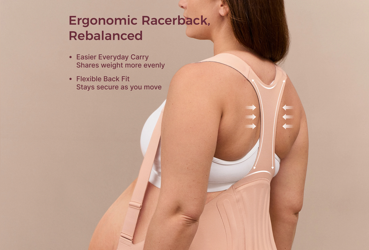 Rear view of the oyster pink Momcozy maternity belly band highlighting ergonomic racerback support.