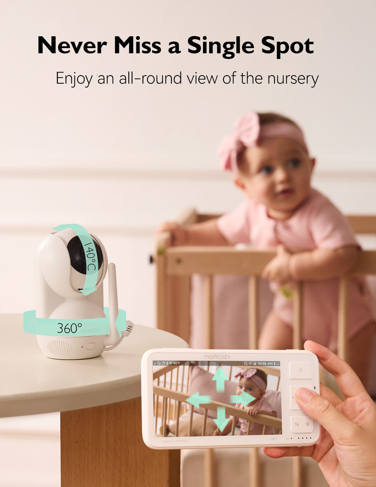 Momcozy BM03 baby monitor showcasing 360° coverage with live feed, ensuring comprehensive baby monitoring for parents
