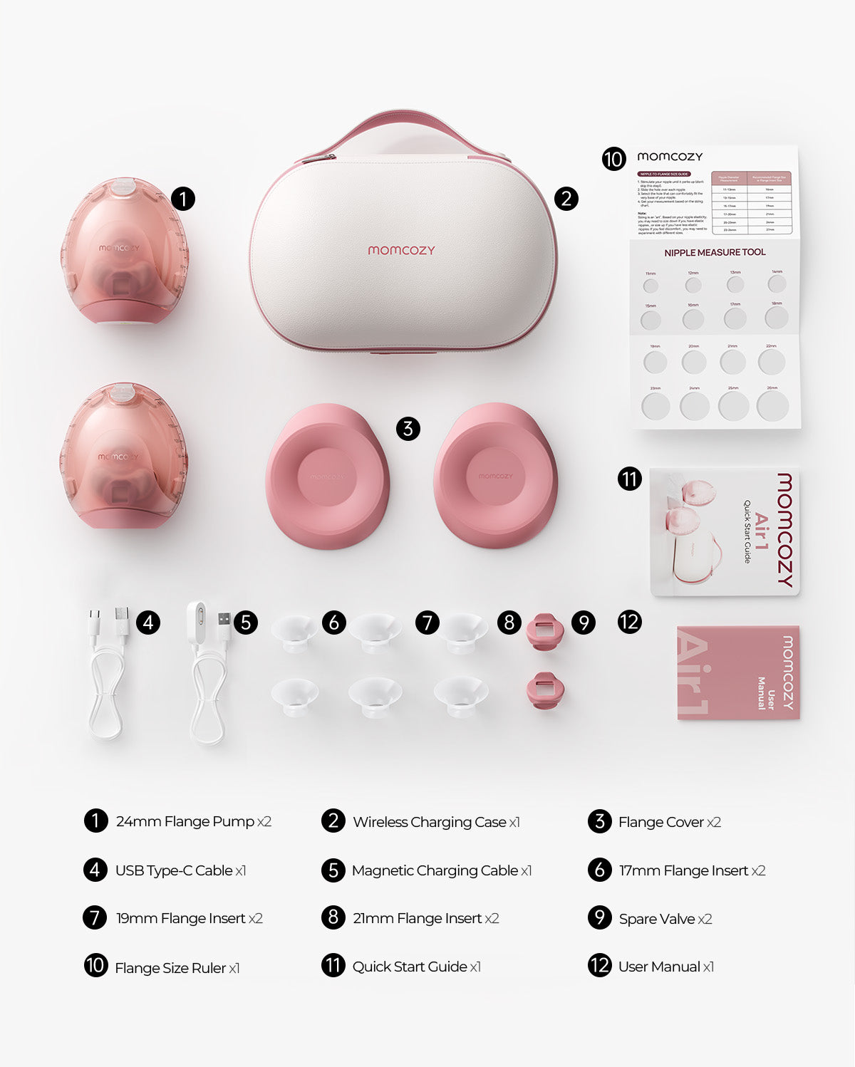Momcozy Air 1 breast pump kit: rose gold pumps, case, flanges, cables, guides, and manual.