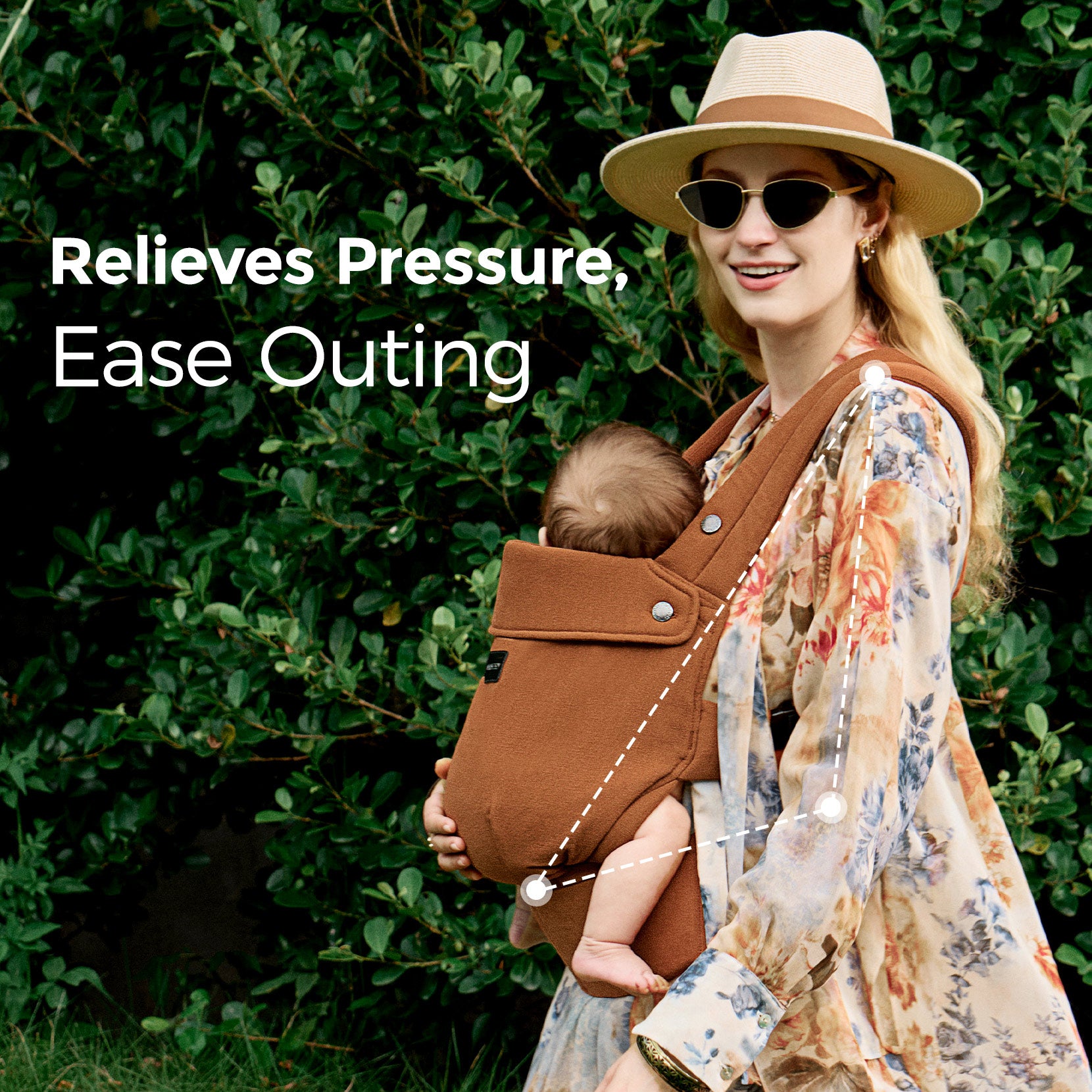 Momcozy GentleTouch baby carrier, brown carrier with baby, ease outings, relieve pressure, comfortable design