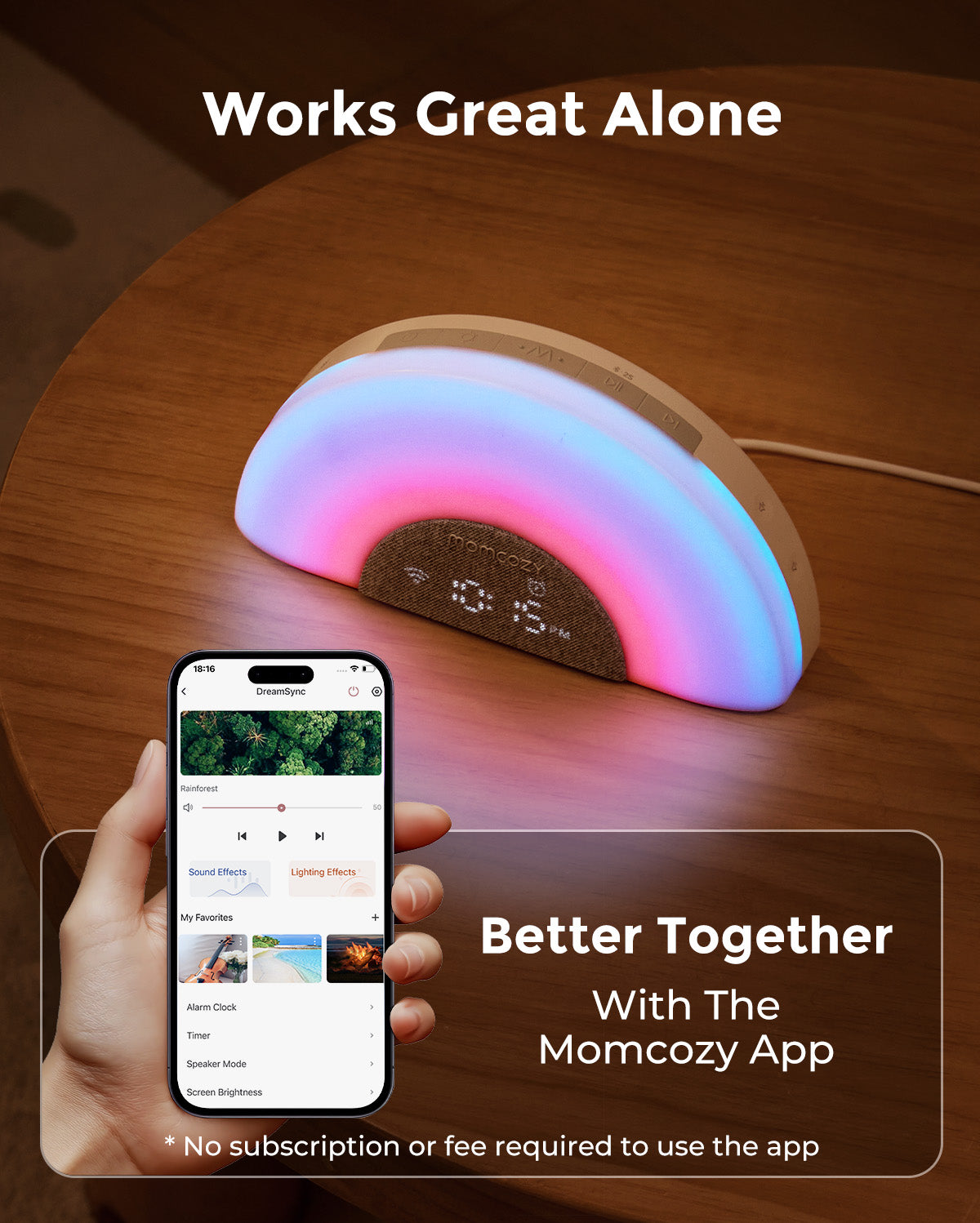 Momcozy DreamSync baby sound machine with rainbow light, app control. Soothing sounds and lighting for baby.