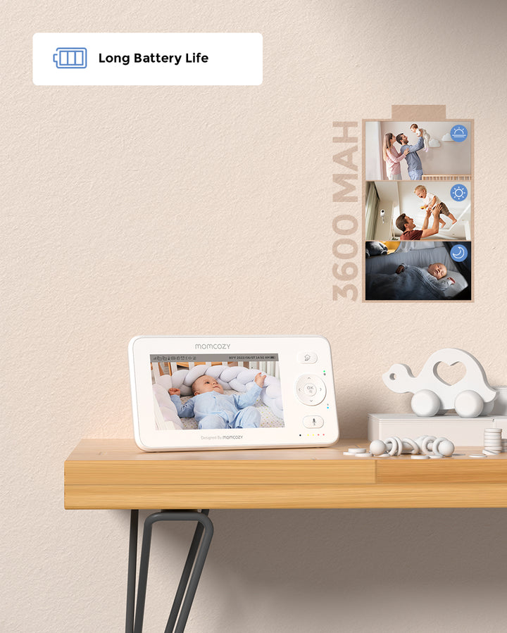 Momcozy 4.3 HD Video Baby Monitor BM02 on a wooden shelf showing a sleeping baby, with a collage of parent-baby photos and '3600 MAH' text on the wall. Long battery life.