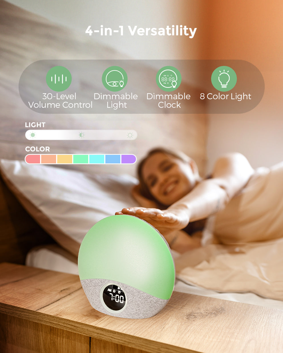 Momcozy Sunrise Wake-up Light: dimmable clock, 8 colors, volume control, and light simulation for a natural and soothing wake-up experience.