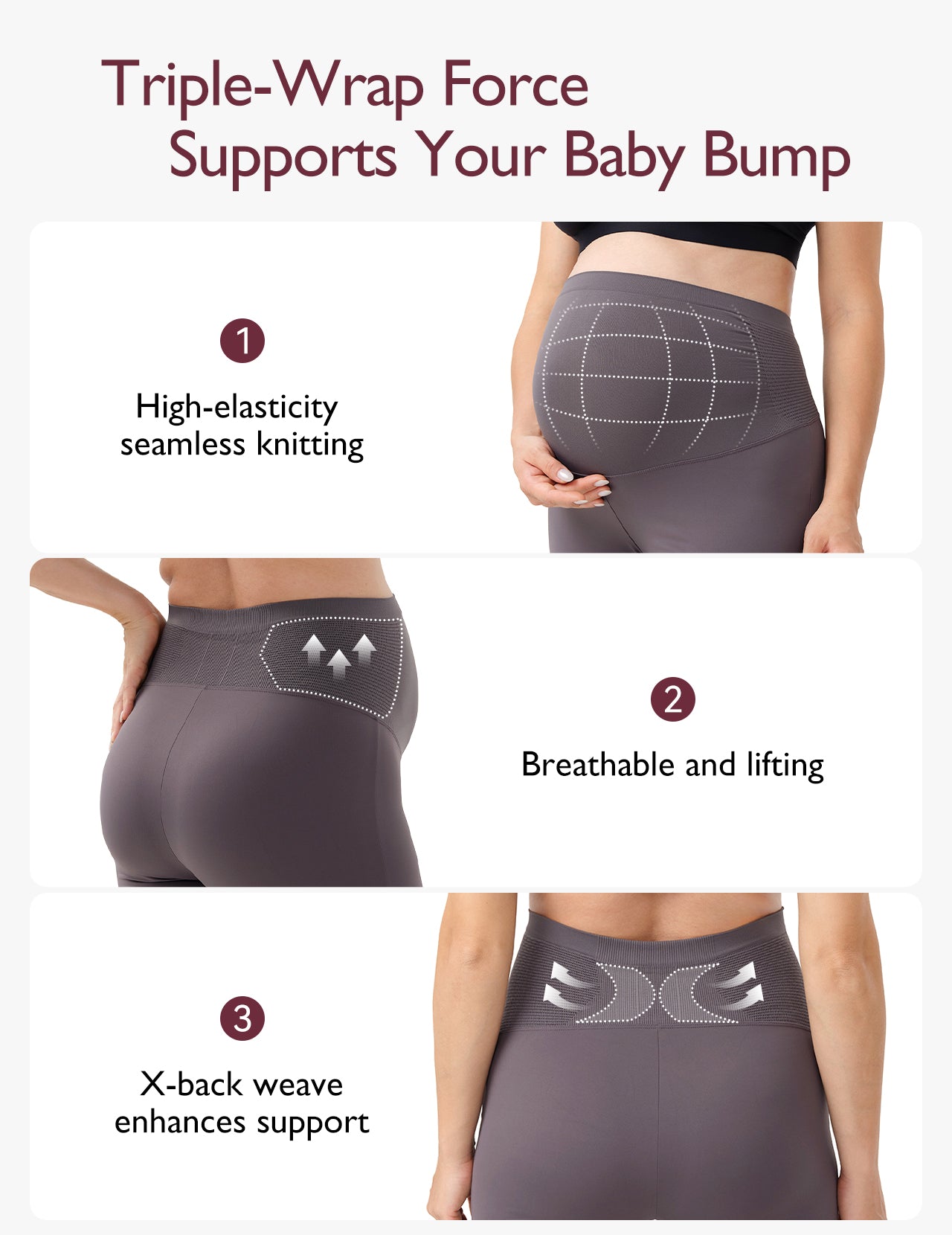 Features of triple-wrap maternity leggings enhancing support for baby bumps.