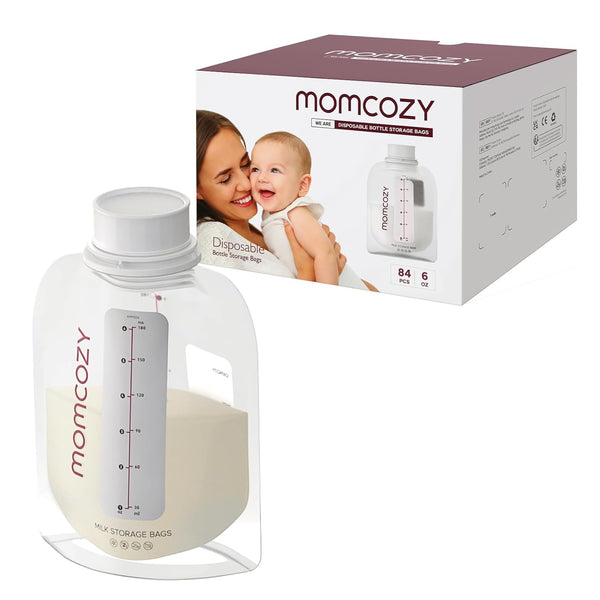 Momcozy breast milk storage bag next to the packaging and filled with milk.