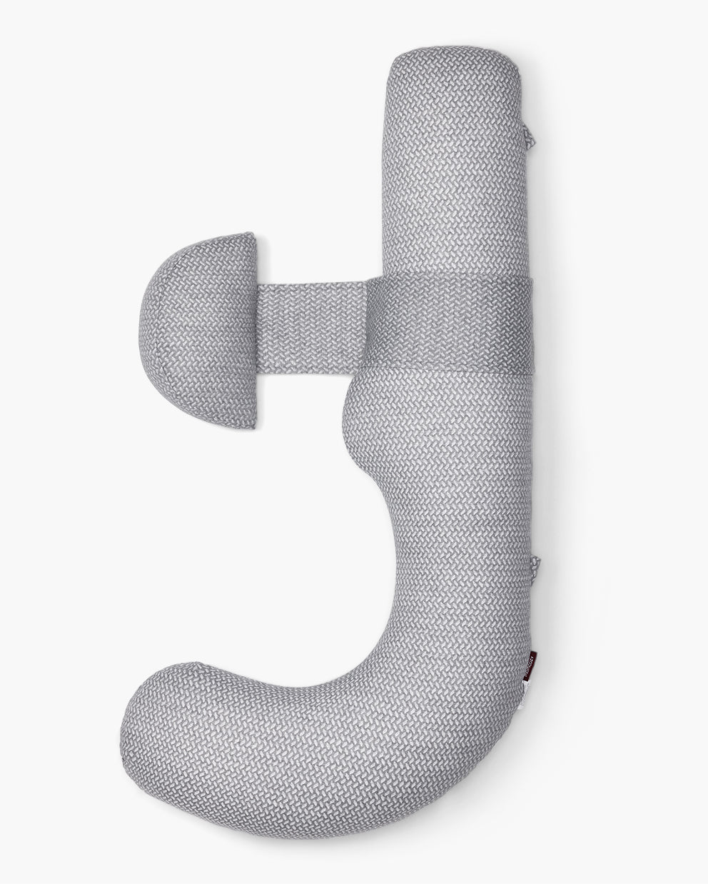 Momcozy F-shaped pregnancy pillow in gray. Adjustable wedge for full body support and comfort during pregnancy. Textured fabric.